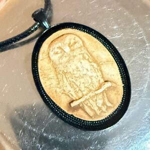 Watchful Owl Gypsum Cameo Pendant Necklace
